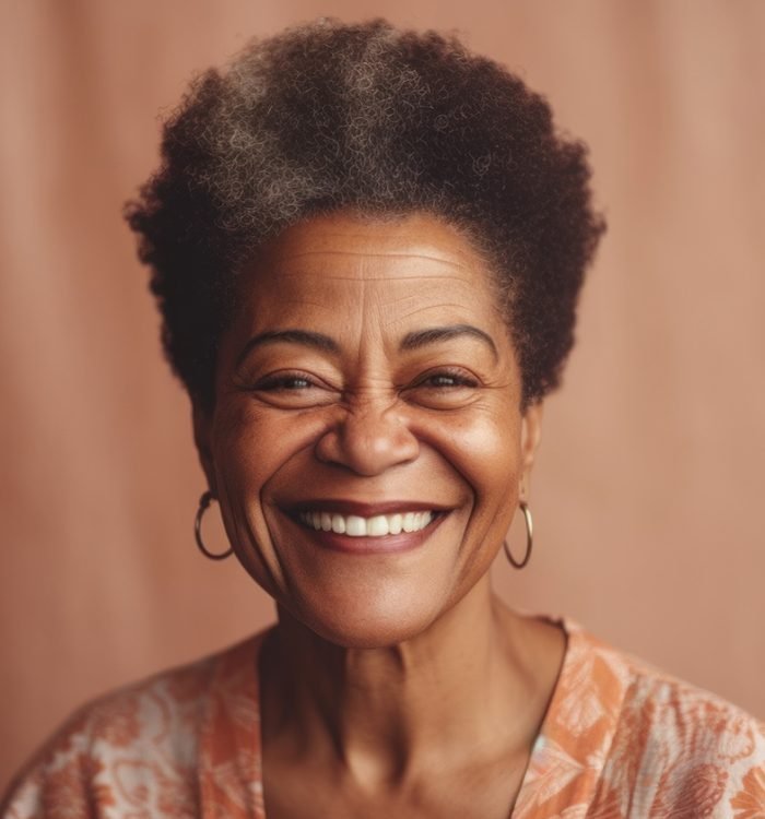A happy senior woman in neutral clothes smiles in a beige studio. Generative AI