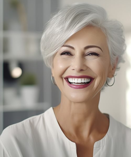 Dentist, veneers or dentures in senior woman mouth or teeth look