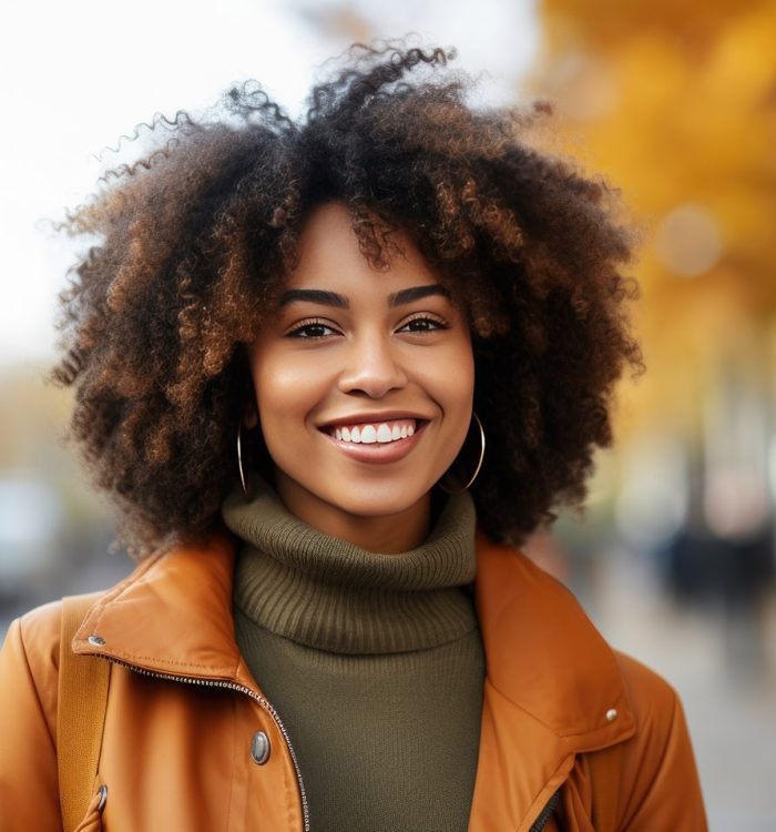 Portrait of a Beautiful Black Woman in front of a Autumn City Ba