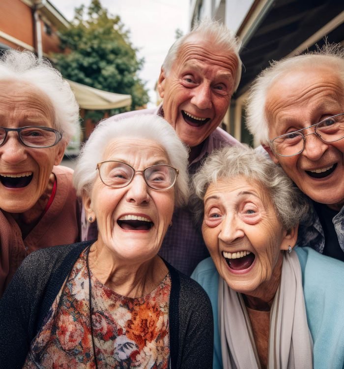 Group of elderly people taking a selfie, Spirited portrait, happy smiling group of senior citizens, pensioners having fun