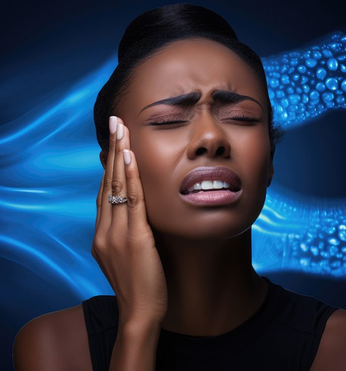 Young african american woman suffering from headache on blue background, Black woman suffering tmj at home, AI Generated